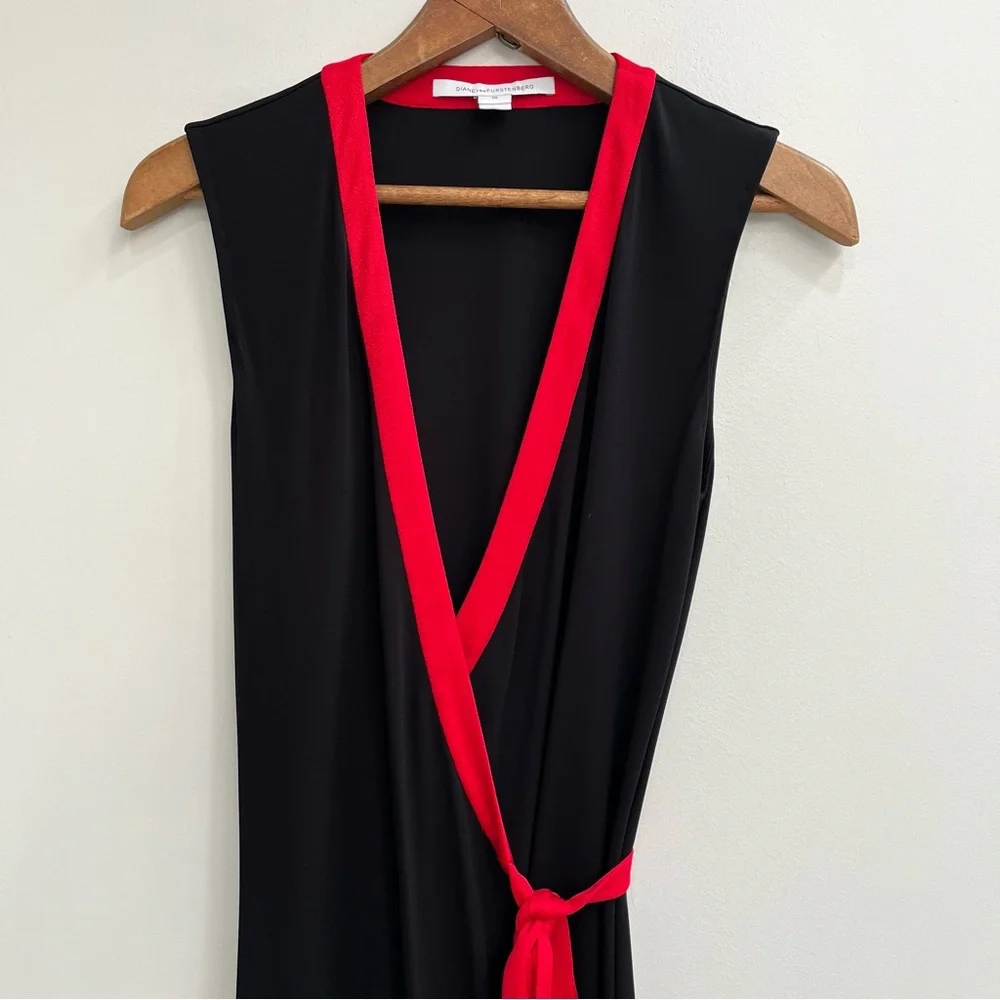 Diane von Furstenberg DVF Valena True Wrap Dress Sleeveless Black Red Trim 10 - Picture 5 of 14